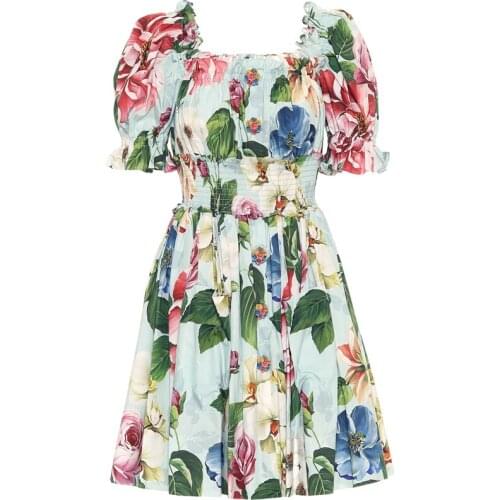 Summer Runway Puff Sleeve Rose Floral Print Green Dress Women Off Shoulder Petel Buttons Pocket Elastic Waist Beach Boho Dress