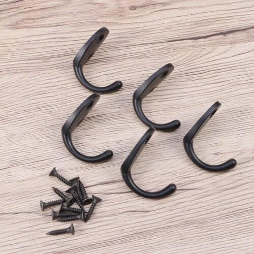 5pcs Black Coat Hanger with 10pcs Screws Single Wall Hooks Zinc-alloy Pothook for Bathroom Toilet Dressing Room Black