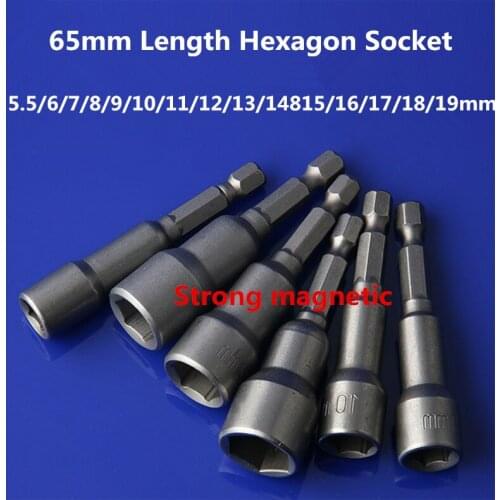 5pcs/lot 65mm Hexagon Socket 5.5-19mm Strong magnetic Wind batch sleeve Electric screw nut wrench Free shipping