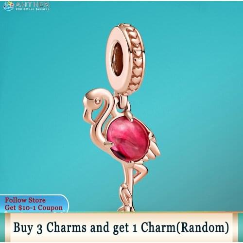 Ahthen 925 Sterling Silver Beads Pink Murano Glass Flamingo Dangle Charm fit Original Pandora Bracelets for Women Jewelry Making