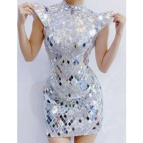 Shining Silver Mirrors Crystals Dress Women Evening Birthday Party Wedding Celebrate Rhinestone Dress Sexy Dance Sequins Costume