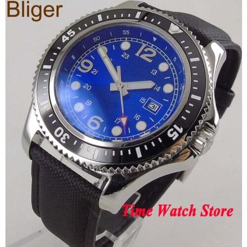 Bliger 44mm Miyota Automatic wrist watch men SS case no logo mens watch blue dial luminous date ceramic bezel 121