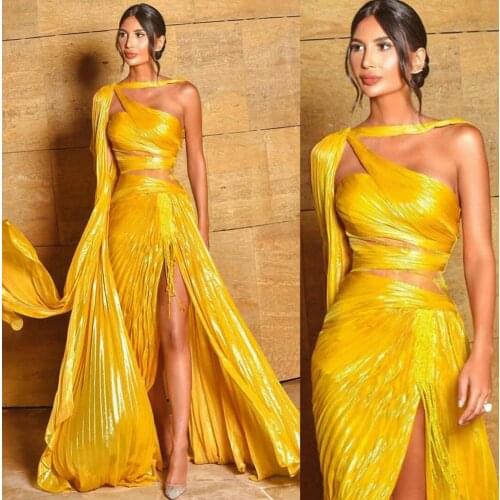 Designer 2021 A Line Evening Dresses Sexy One Shoulder Thigh Split Prom Dresses Gold Formal Party Second Reception Gowns