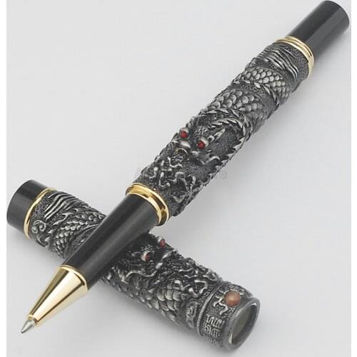 Jinhao Writing Rollerball Pen Grey Small Double Dragon Playing Pearl Metal Carving Embossing Heavy Pen For Office & School