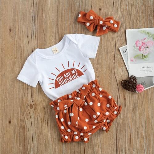 Toddler Baby Letter Spot Printing Three-pieces Set Infant Girl O-neck Short Sleeve Sunrise Bodysuit + Short Pants + Headband Set