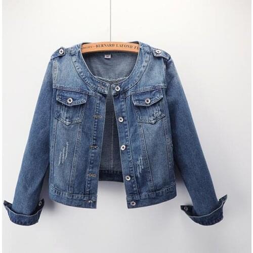 Plus size round denim jacket with collar jacket 5XL light blue women short denim jacket long sleeve Jaqueta casual jacket