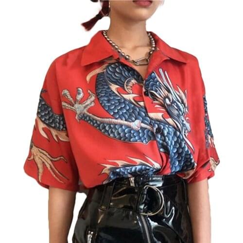 Summer Loose Dragon Print Shirts Summer Chinese Style Tops Plus Size S-3XL V-Neck Short Sleeve Shirts Streetwear Fashion Shirts