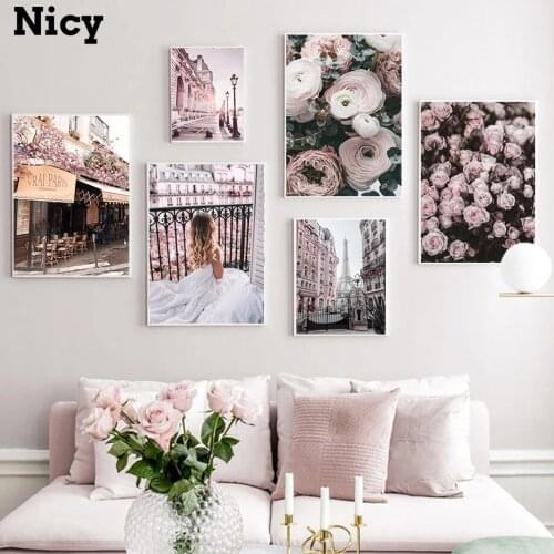 Fashion Girl Paris Tower Cafe Rose Flower Nordic Posters And Prints Wall Art Canvas Painting Wall Pictures For Living Room Decor