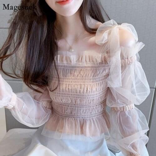 Fashion Long Sleeve Ladies Tops Blusas Mujer De Moda 2021 Korean Chic Lace Sexy Chiffon Shirt Off-Shoulder Woman Blouses 8735
