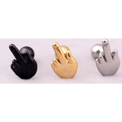 Fashion Personality Men Women Color Gold Black Titanium Steel Put UP Middle Finger Hand Gesture Stud Earrings Jewelry