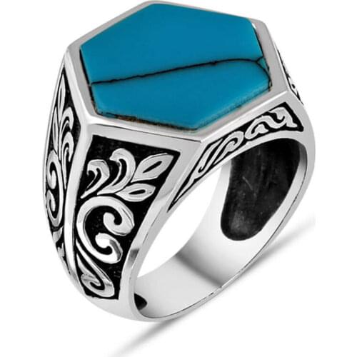 Men Silver Ring With Hexagon Blue Raw Turquoise Stone With Branch Motif Made In Turkey Solid 925 Sterling Silver
