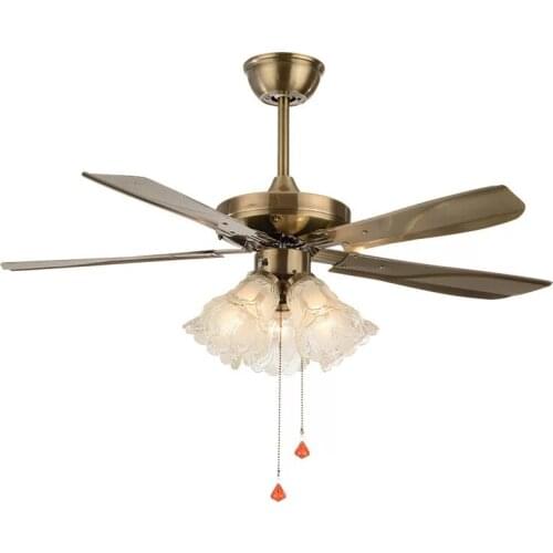 Nordic brown retro line pull fan light with light pull-wire control LED silent wood fan bedroom living room ceiling lamp