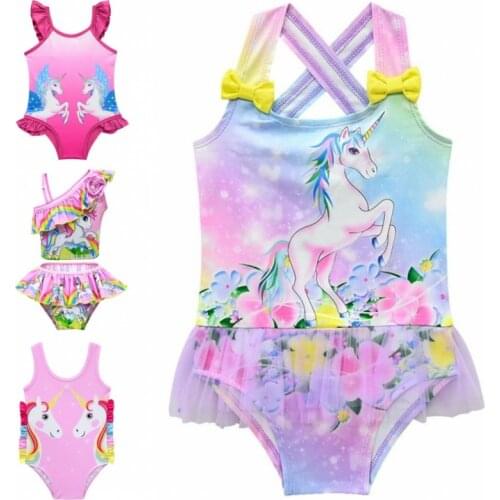 2020 New Unicorn One piece Baby Swimsuit Beach Wear Cartoon Stripes Halter Swimwear Quick Dry