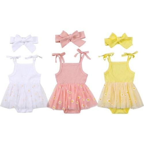 Toddler Baby Girls Romper Dress 2021 Summer Infant Solid Color Sleeveless Daisy Print Tulle Dress Princess Girls Clothes