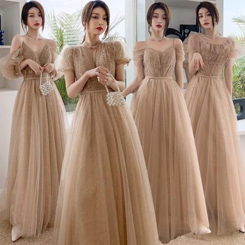 Bridesmaids Dress Illusion V-Neck A-Line Spaghetti Straps Pearls Sequined Pleat Floor-Length Tulle Women Wedding Party Gown E251