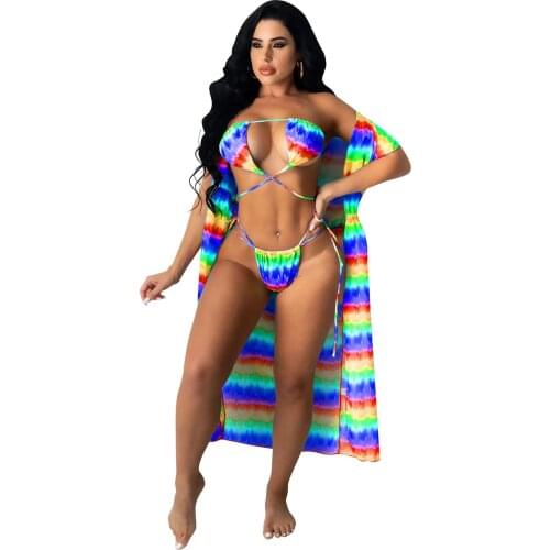 Sexy 3Pcs Bikini Set+ Beach Cover Up Swimwear Women Bandage Swimsuit Female Brazilian Bathing Suit Summer Beach Wear Swimming