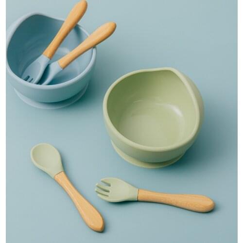Edible Grade Silicone Baby Feeding Bowl Set Baby Learning Dishes Suction Bowl Set Wood Fork Spoon Non-Slip for Babies BPA Free