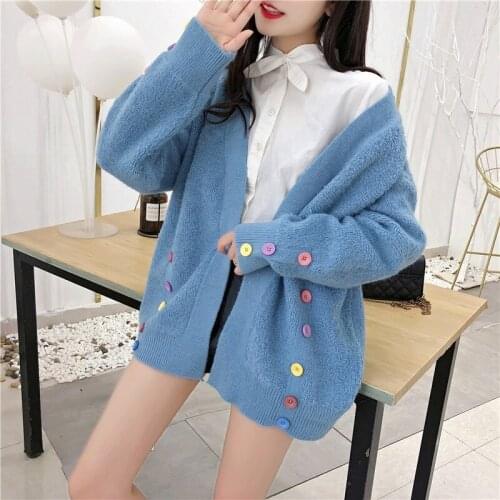 H9580 Girl Warm Cardigan Women Loose Korean Autumn Winter Fashion Sweater Student Botton Decoration Simple College Knitted Top