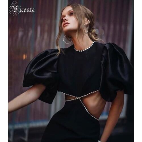 VC Ladies Dress Celebrity Party Cocktail Dress Puff Sleeve Waist Hollow Beaded Design Long Bandage Dress