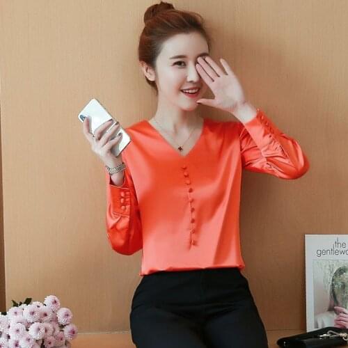Imitation Silk Long Sleeve Blouses Shirts Women Spring Summer V-Neck Casual Blusas Tops DD2506