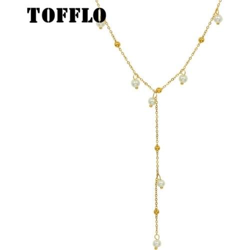 TOFFLO Stainless Steel Jewelry Pearl Necklace Elegant Tassel Clavicle Chain For Women BSP1089