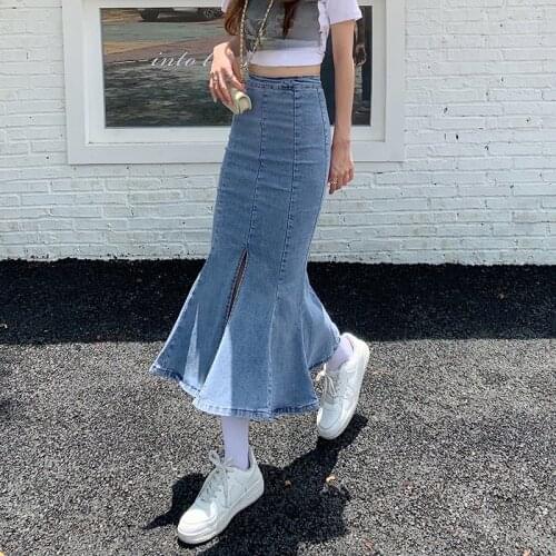 2021 Summer Blue Jean Y2k Skirts Womens Casual Zipper Denim Trumpet Korea Fashion Bottoms Slim Mermaid Hip Skirt Lady Streetwear