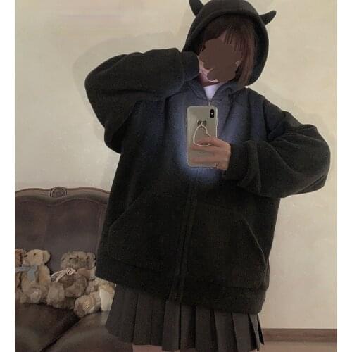 QWEEK Gothic Hoodie Women Emo Sweatshirt Long Sleeve Zip Up Graphic Korean Style 2021 Fashion Kpop Black Zipper Oversized Chic