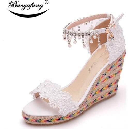 Womens Summer Fashion Lace Beaded Fish Mouth Slope-heel Sandals Size Size White Slope-heel Sandals One-word Buckle Wedding Shoe