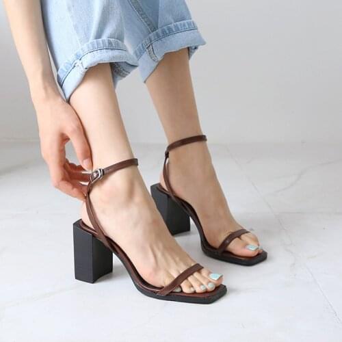 Brown Black Womens Sandals 2021 New Summer All-match 4CM/6CM High Heels Thick Heel Womens Shoes Size 33-42