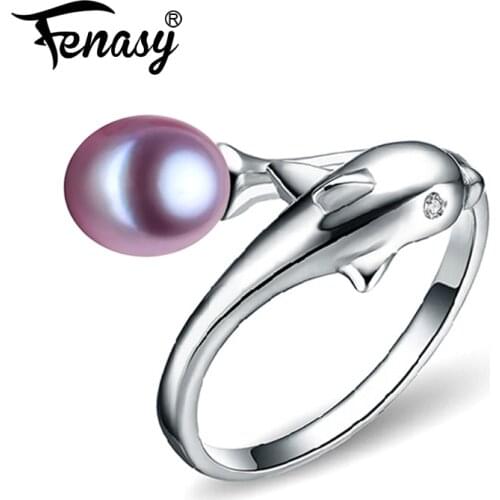 FENASY rings for women Pearl Jewelry, Pearl rings,Natural Freshwater Pearl dolphin,black pearl female ring,antique ring with box