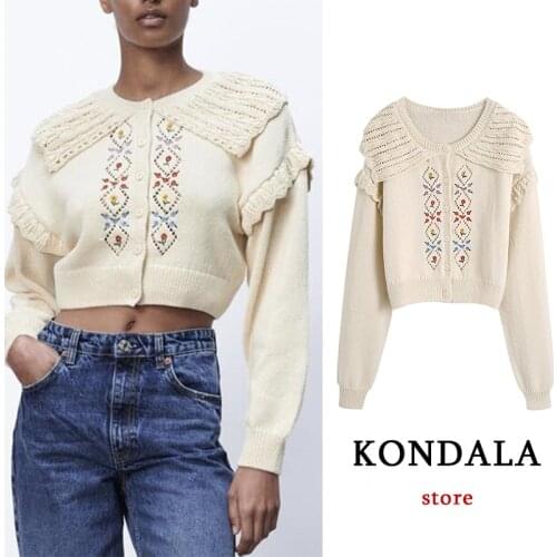 KONDALA Za 2021 Vintage Beige Embroidery Floral Women Cardigans Ruffles Long Sleeve Loose Fashion Autumn Women Sweaters Chic Top