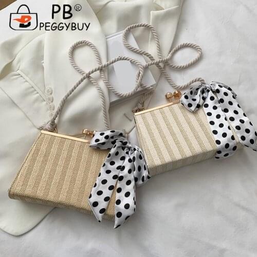 Retro Ladies Woven Silk Scarf Small Messenger Shoulder Bag Women Hasp Handbags Bow Fashionable Rattan Drawstring Bag