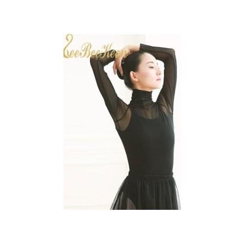 Women Ballet Leotards Dance Bodysuit High-necked Ballet Gauze Long-sleeved Sexy Translucent Gauze Ballet Dance Jumpsuit F Adult