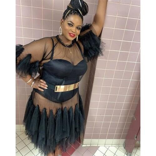 Women Black Sexy See Through Mesh Bodycon Dress Short Sleeve Slim Party Night ClubWear Irregular Elegant Dresses Plus Size 5XL