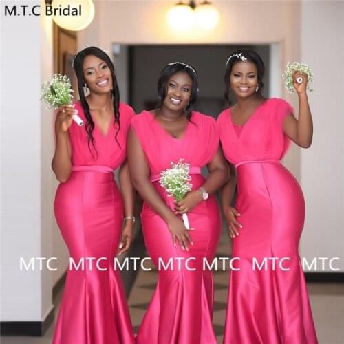 2021 Fuchsia Long Bridesmaid Dresses V Neck Tulle Satin African Girls Wedding Party Dress Mermaid Maid Of Honor Gowns