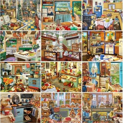 AZQSD Diamond Embroidery Kitchen House Mosaic Picture Of Rhinestones Diamond Painting Landscape Cross Stitch Home Decor Gift