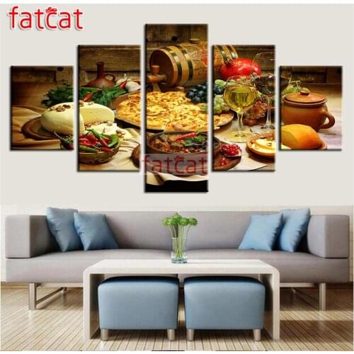 FATCAT 5 Panel delicious food Diy Diamond Painting Full Square Round Drill Mosaic Embroidery Sale Home Decoration AE2579