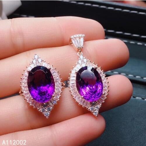 KJJEAXCMY fine jewelry Amethyst 925 sterling silver women gemstone pendant necklace chain ring set classic