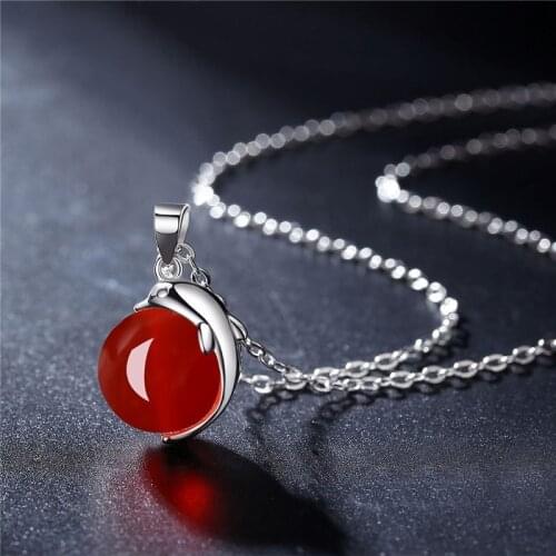 KOFSAC New Trendy Silver Color Necklaces For Women Cute Dolphin Green Agate Pendant Jewelry Clavicle Chain Lady Gift Hot