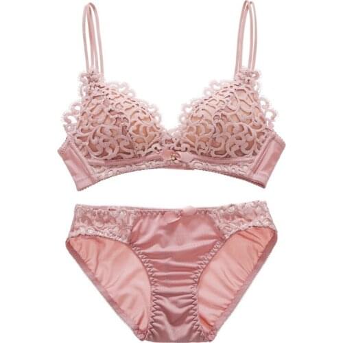 Fashion Women Sexy Lace Wireless Floral Adjustable Embroidery Bow Push up Bra And Panty Sets Underwear Set