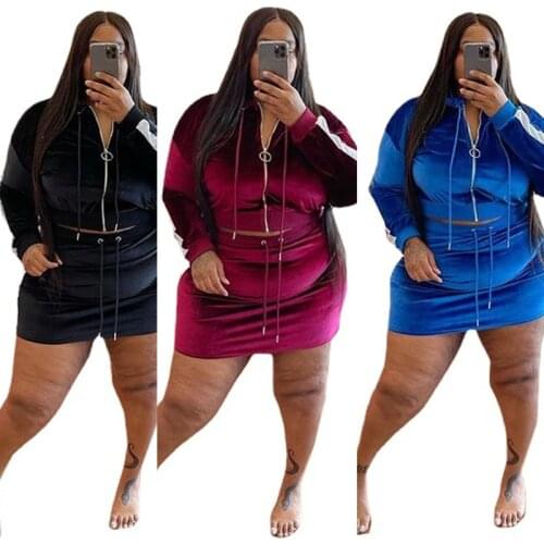 Winter Fall 2 Piece Set Women Velvet Tracksuit Long Sleeve Hoodie + Bodycon Skirts Two Piece Suit Festival Outfits Plus Size 5XL