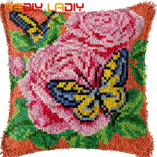 Latch Hook Cushion Rose Butterfly Pillow Case Printed Color Canvas Acrylic Yarn Latched Hook Pillow Crochet Cushion Cover Kits