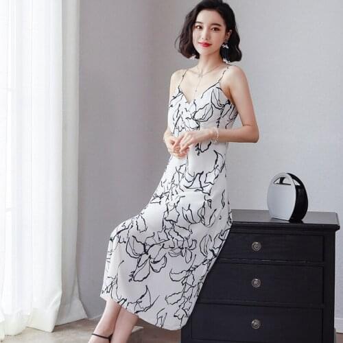 Summer Slim Very Soft Smooth Fashion Woman Dresses elegant High Quality Womens Chiffon printing V-neck Dress white dresses