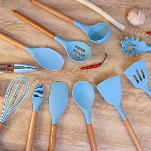 Fashion silicone kitchen set household wooden handle kitchen supplies storage barrel 12-piece set kichen cooking tools