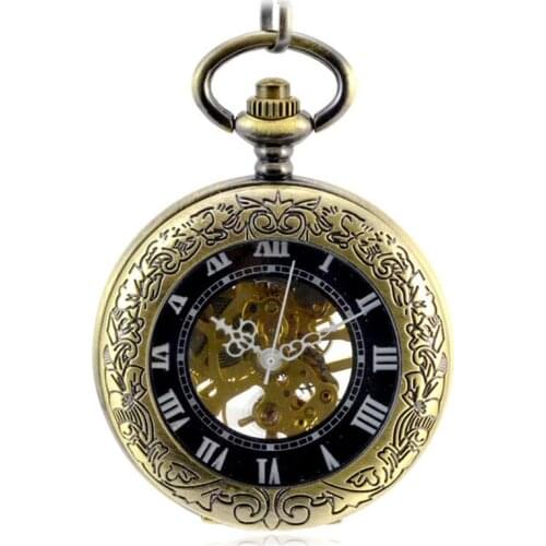 Steampunk Skeleton Bronze Automatic Mechanical Pocket Watch Men Vintage Hand Wind Clock Necklace Pocket & Fob Watches With Chain