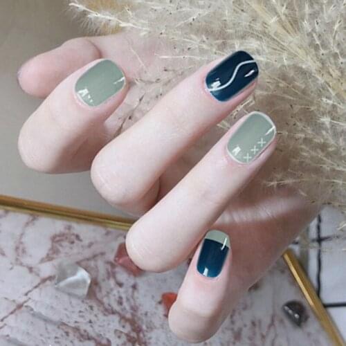 24Pcs Green And Blue Ripple False Nails Long Lasting Short Fully Covered Nail Decoration Nails Accessories Fashion DIY Manicure0