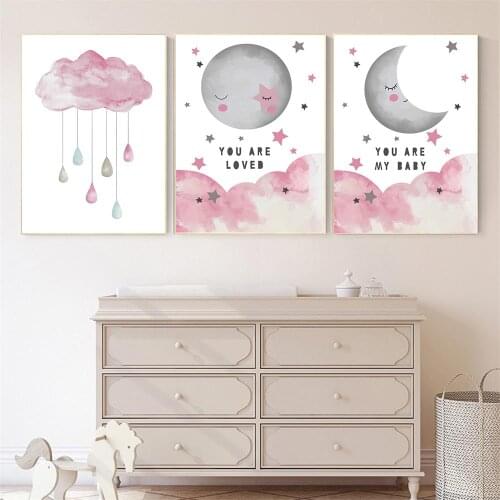 Abstract Sun Moon Cloud Star Wall Art Poster Pink Blue Cyan Prints You Are My Loved Baby Quotes Canvas Painting Kids Room Decor
