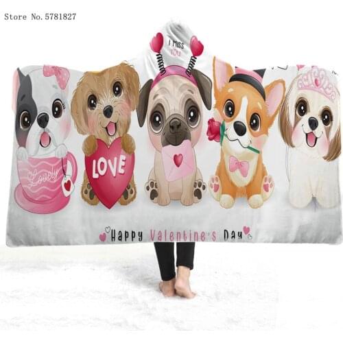 Pet Dog Hooded Blanket Cartoon Pug Fleece Blanket 3D Print Lovely Kawaii Wearable Blanket For Bedroom Throw Blanket Home Decor