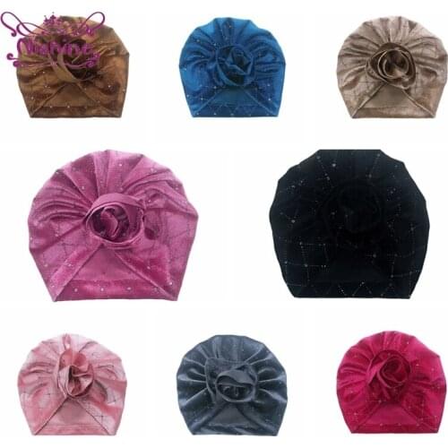 Solid Color Handmade Folded Flowers Baby Turban Hat Soft Skin-friendly Velvet Infant Caps Clothing Decoration Photography Props