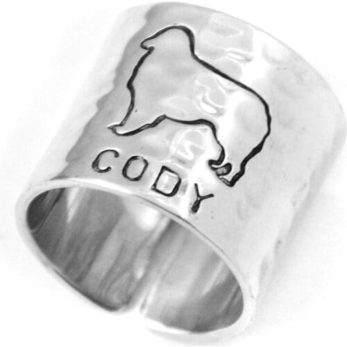 Personalized Hammered Australian Shepherd Ring, Custom Dog Adjustable Ring, Engraved Hand Stamped Cute Dog Wide Band Ring